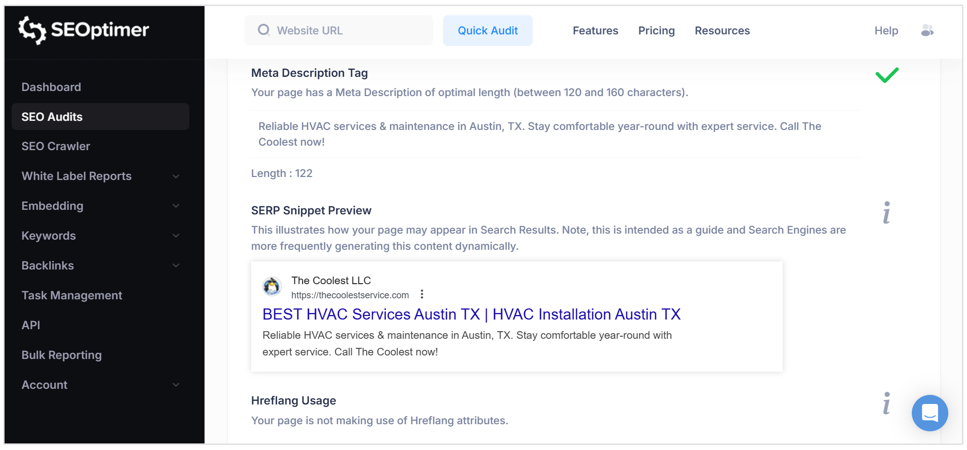 SEOptimer SEO Audit results
